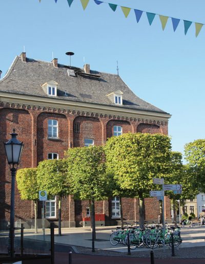 Das Foto zeigt das Alte Rathaus. Im Hintergrund befindet sich der Kräuterturm des Underberg Palais.